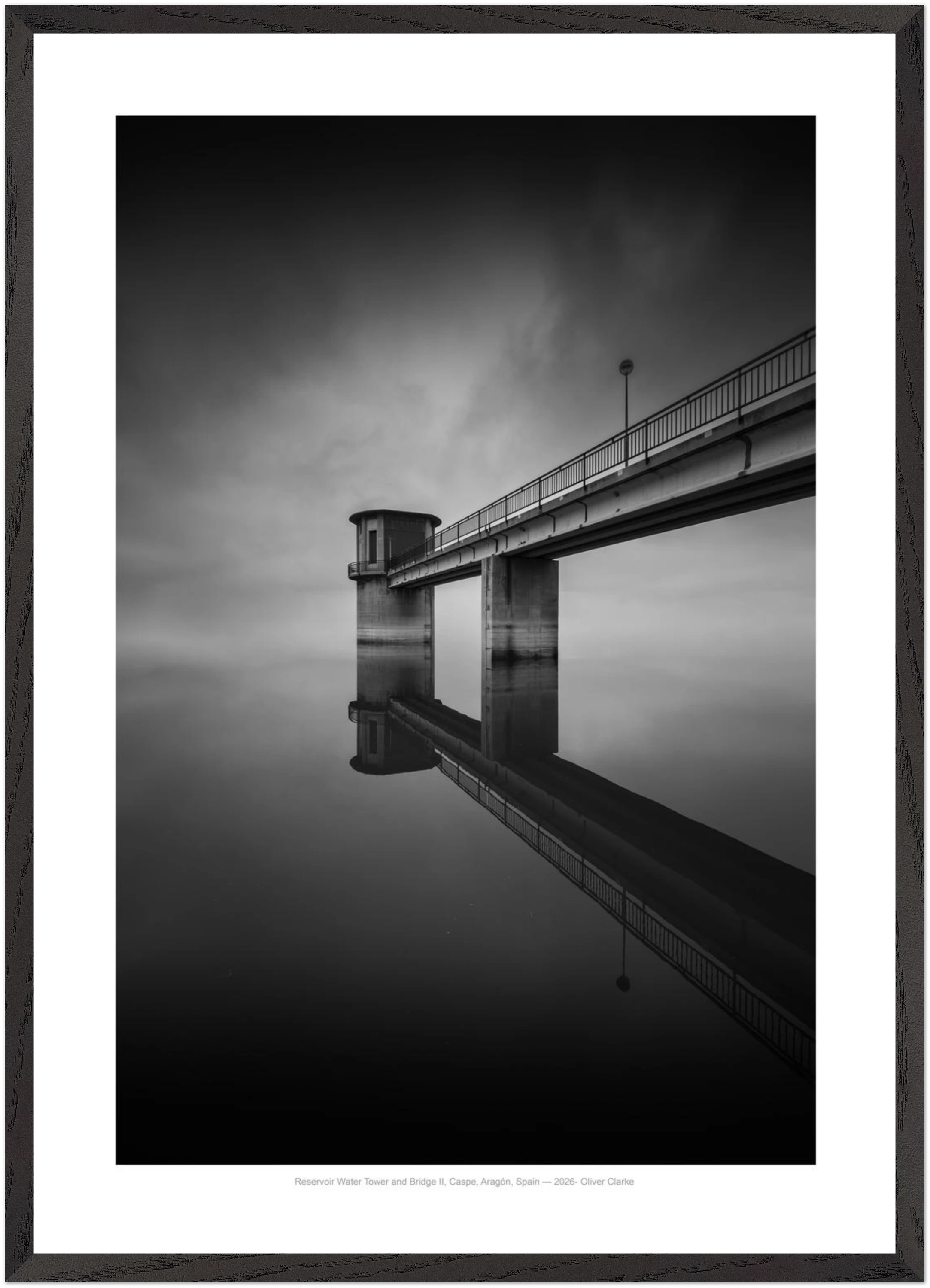 Reservoir Water Tower and Bridge II, Caspe, Aragón, Spain - 2026 - Oliver Clarke. Monochrome - Limited Edition - Premium Wooden Framed Fine Art Print With Premium Matte Paper A1 (59.4 x 84.1 cm)