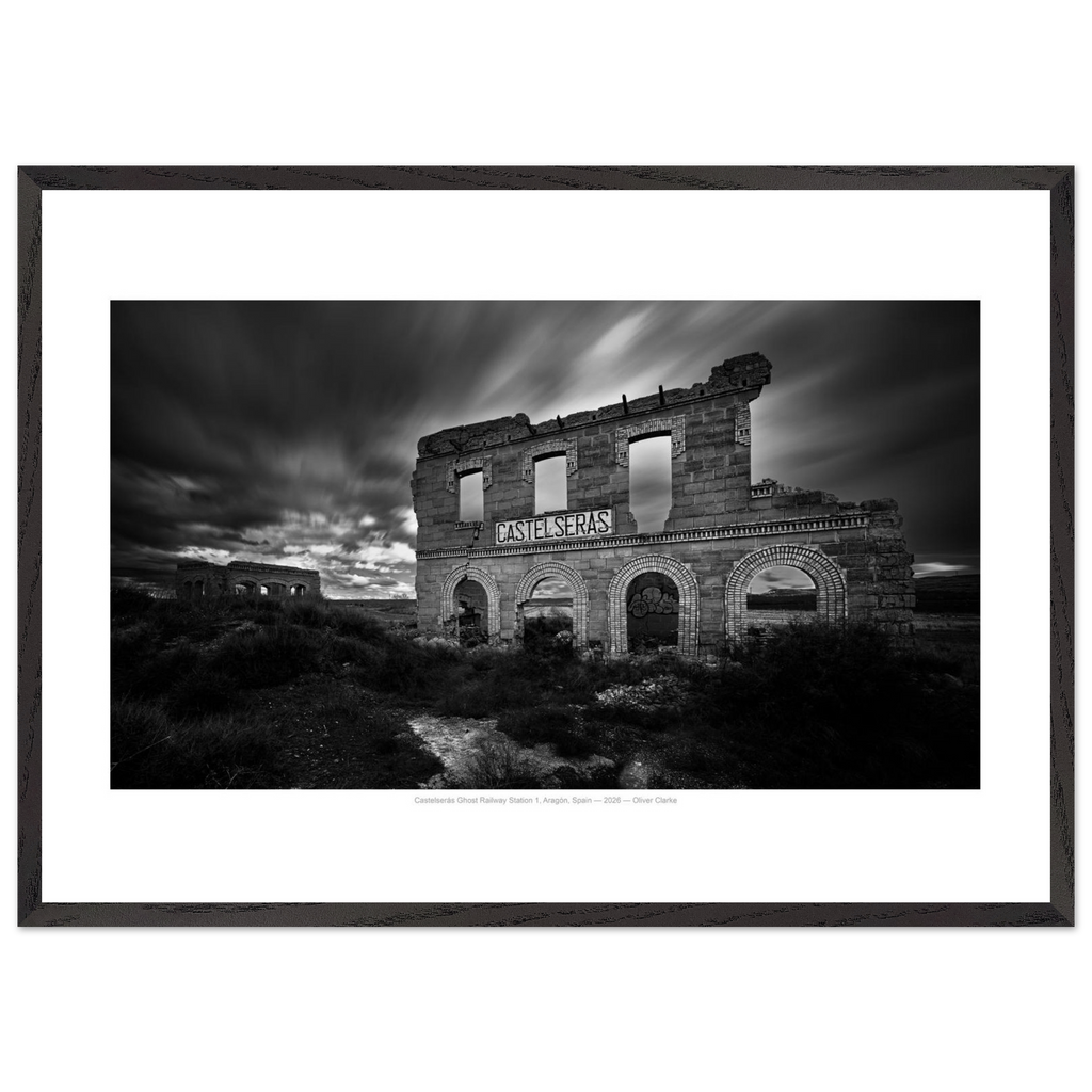 Castelserás Ghost Railway Station 1 - Monochrome - Limited Edition - Premium Wooden Framed Fine Art Print With Premium Matte Paper A1 (59.4 x 84.1 cm)