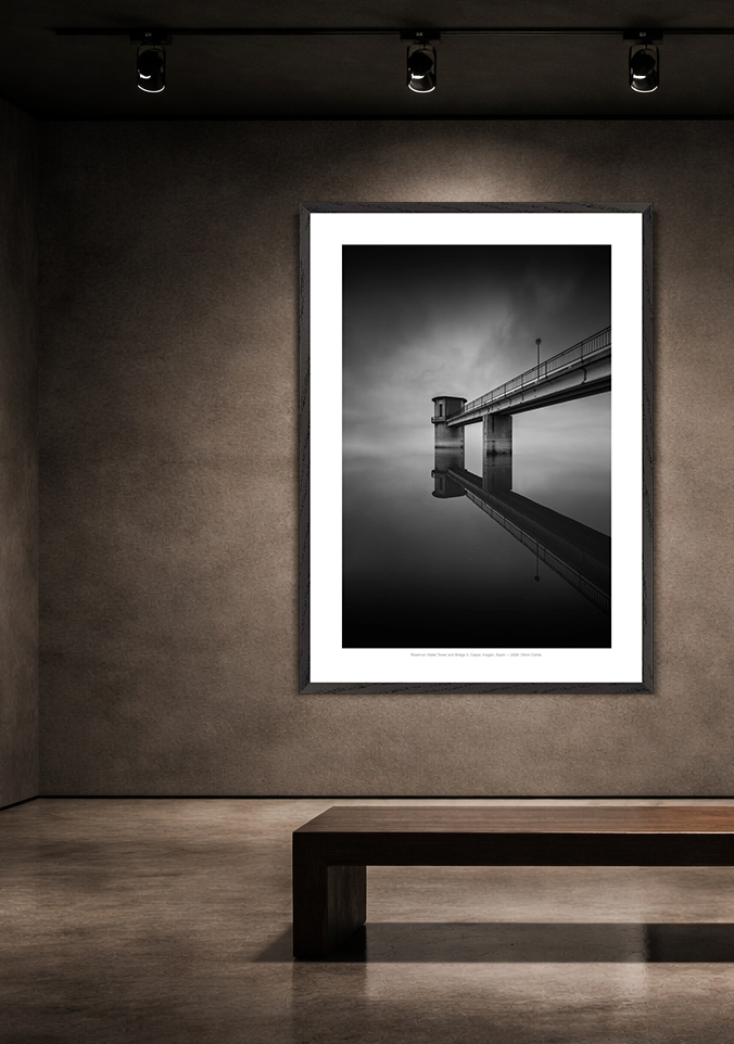 Reservoir Water Tower and Bridge II, Caspe, Aragón, Spain - 2026 - Oliver Clarke. Monochrome - Limited Edition - Premium Wooden Framed Fine Art Print With Premium Matte Paper A1 (59.4 x 84.1 cm)